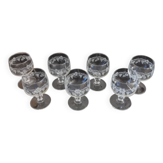 Lot de 7 verres à eau sur pieds cristal décor de raisin et sarment de vigne luminarc