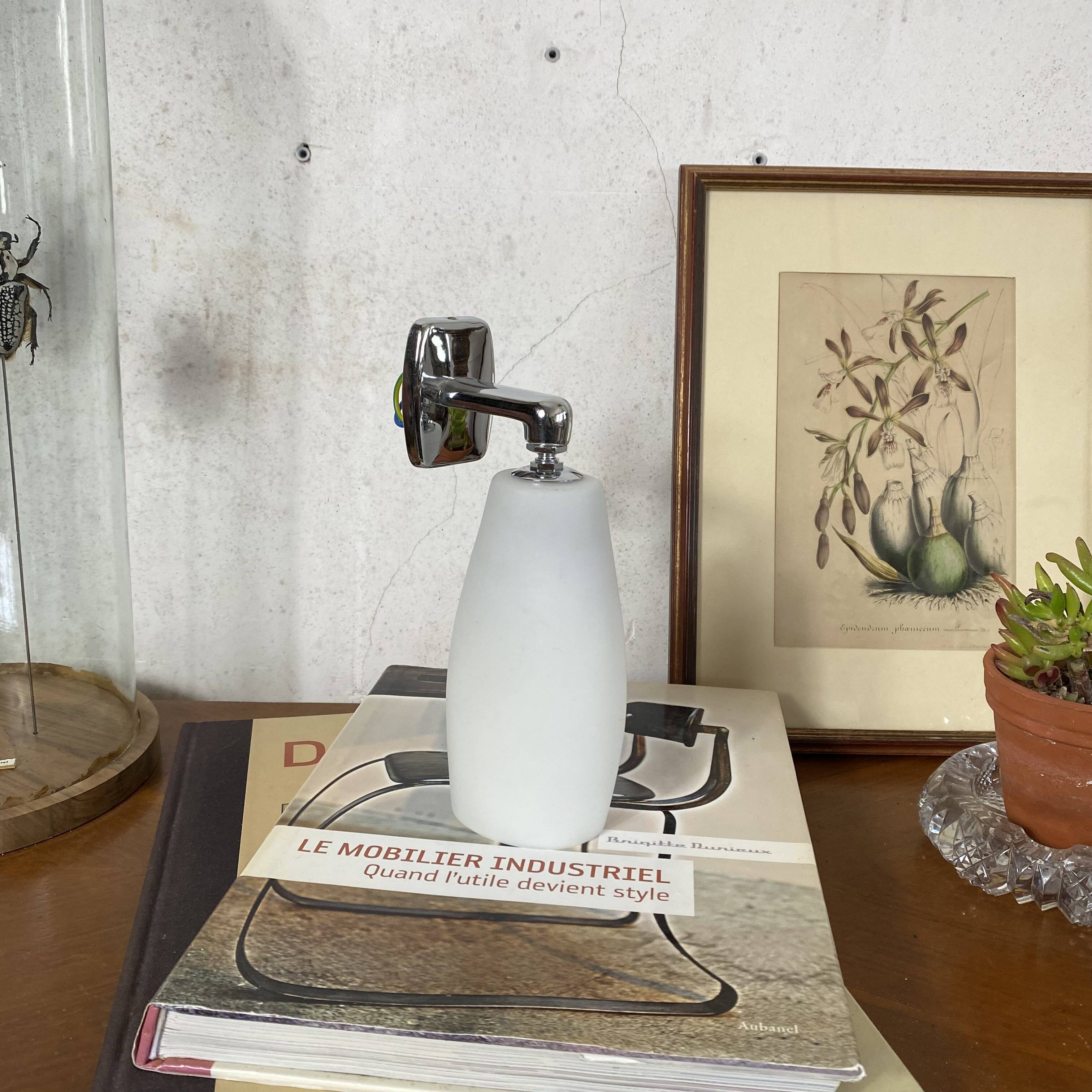White glass and stainless steel wall light 1970