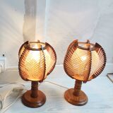 Portuguese mid century natutal wood straw organic material bedside table lamps 1960s SET of 2