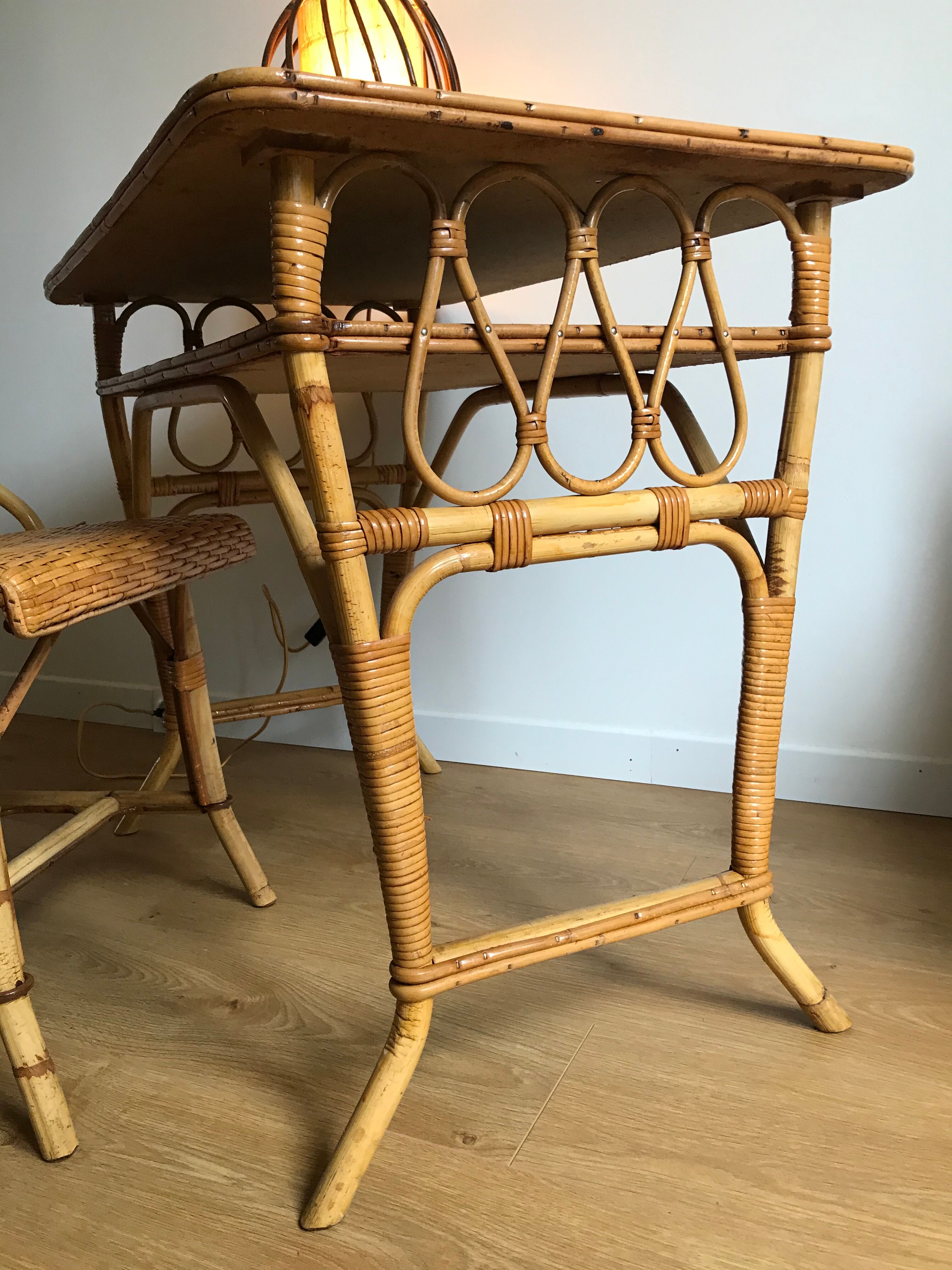 Vintage rattan desk and chair, 1960s