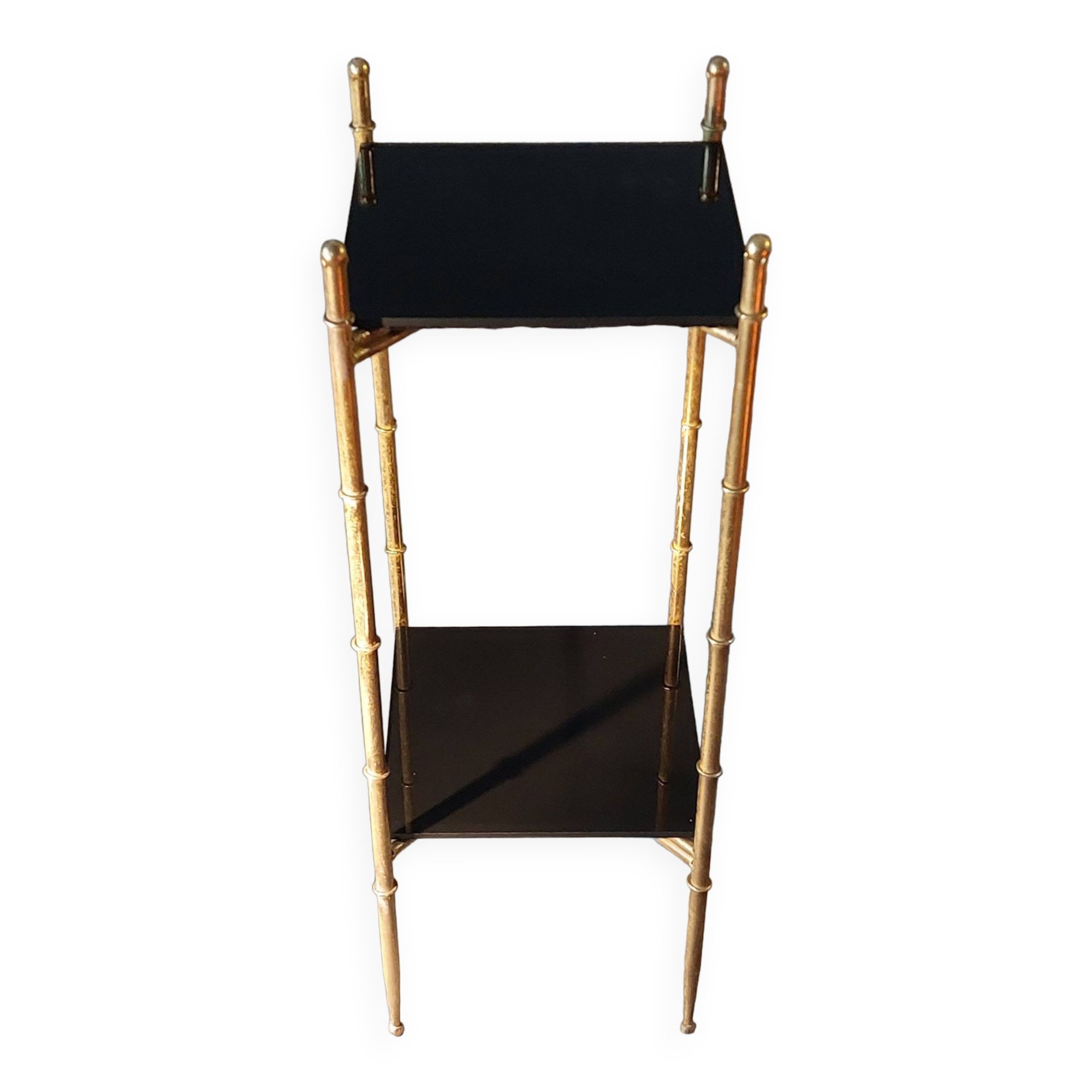 Pedestal table in patinated gilded brass faux foldable bamboo.