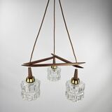 Scandinavian hanging lamp with glass cones hold by teak hanging