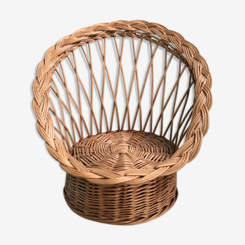 Vintage brown rattan basket armchair for children