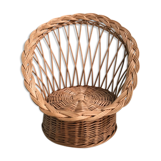 Vintage brown rattan basket armchair for children