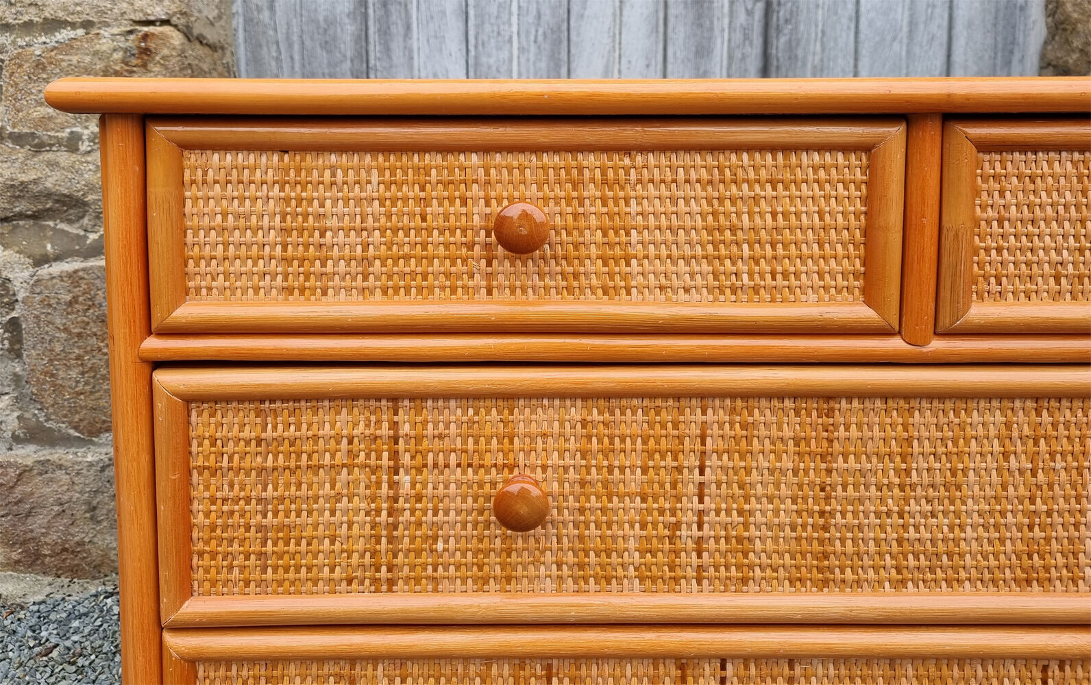Commode Maugrion for Roche Bobois, wood and rattan, 80s