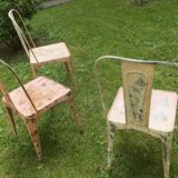 Set of 3 early 20th century patinated Tolix inspired bistro garden stacking chairs