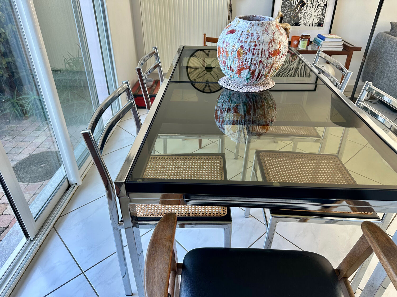 Vintage dining set – smoked glass & chrome – 5 chairs – year