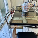 Vintage dining set – smoked glass & chrome – 5 chairs – year