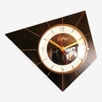 Vintage formica clock silent asymmetrical wall pendulum "Difor black lines"