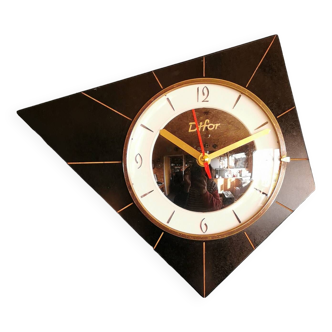 Horloge formica vintage pendule murale silencieuse asymétrique "Difor noir lignes"