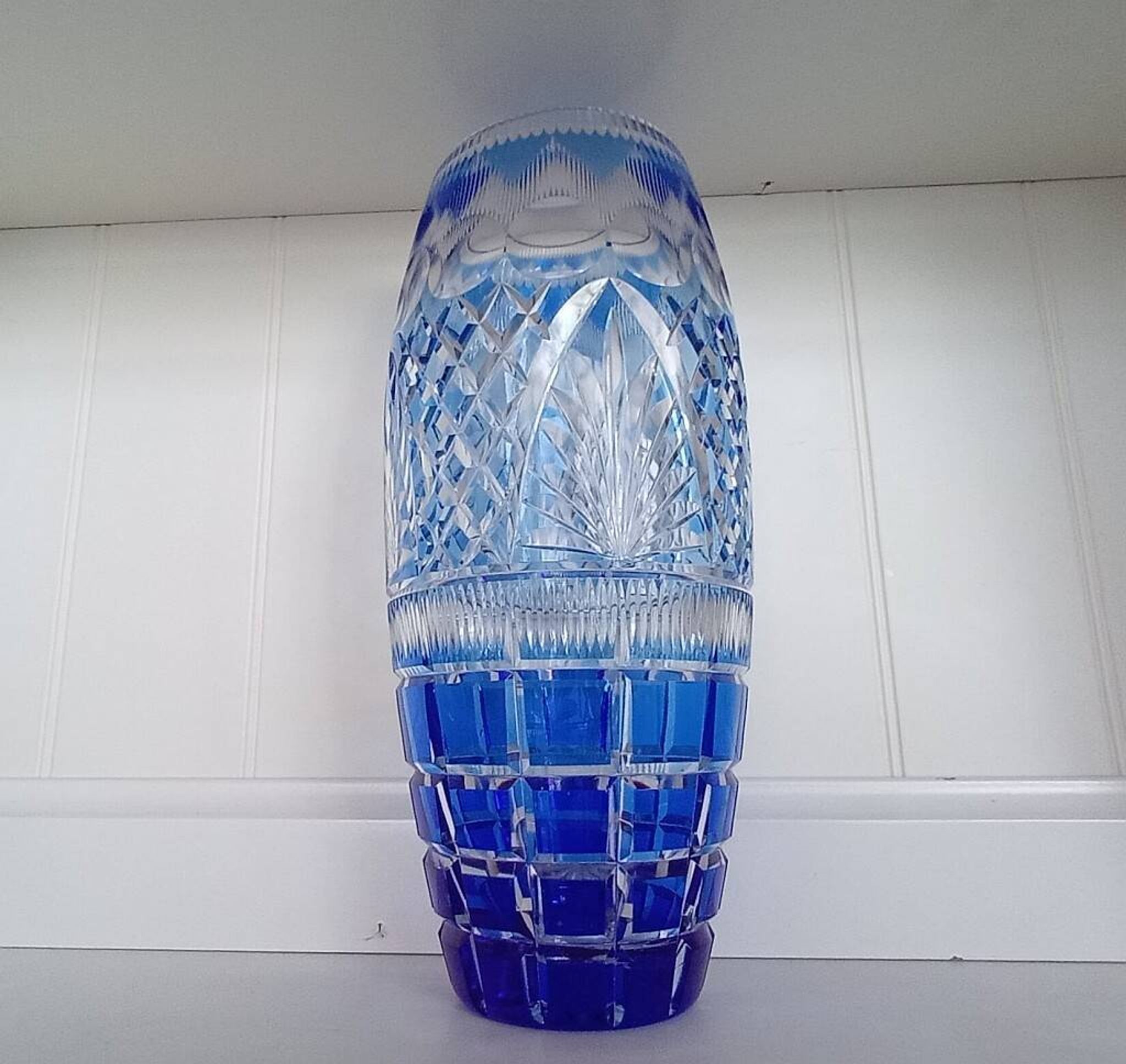 Large Vintage Nachtmann "Bamberg" Cobalt Blue Cut-to-Clear Crystal Vase