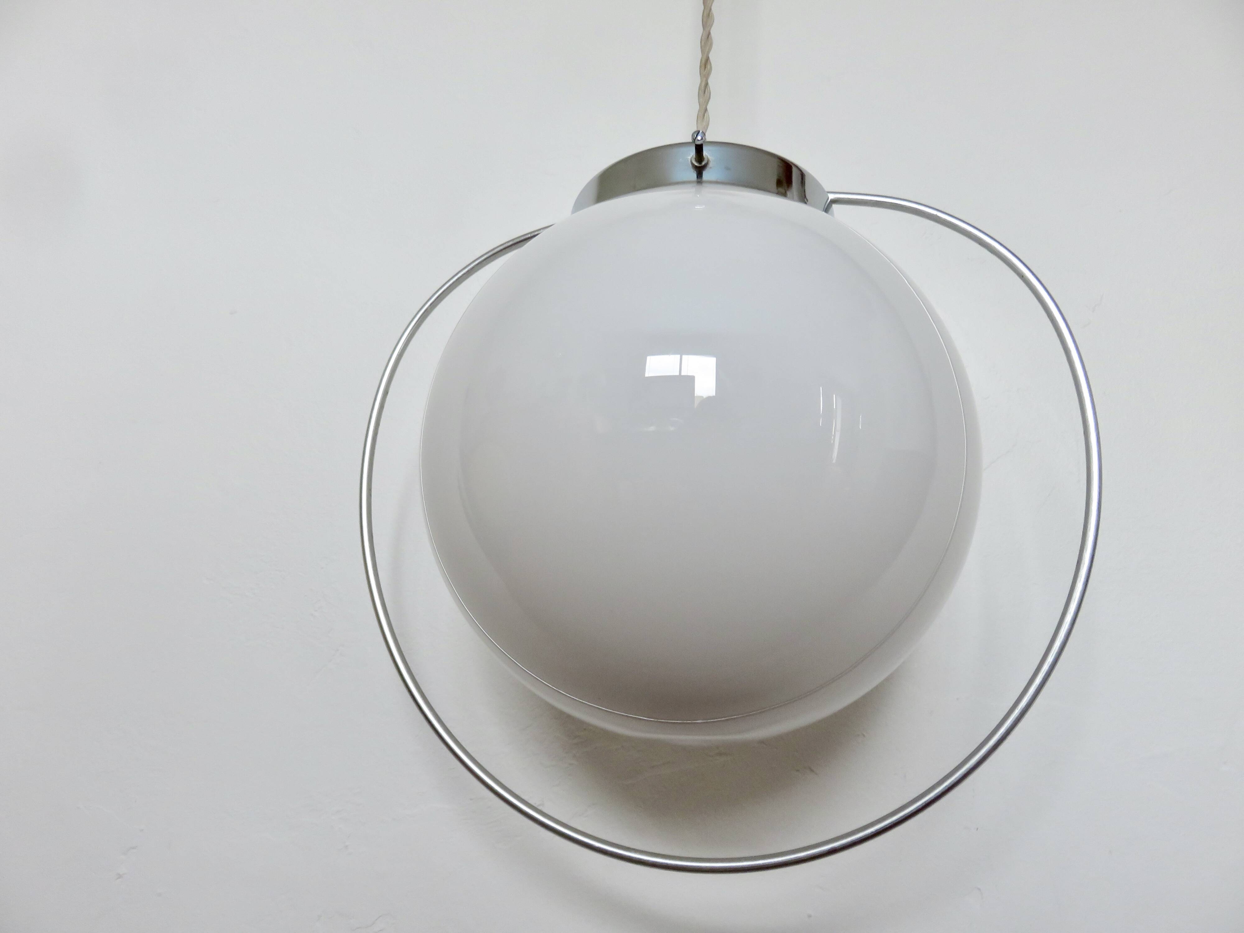 Art Deco pendant light in opaline and chrome-plated brass, 1930s-1940s