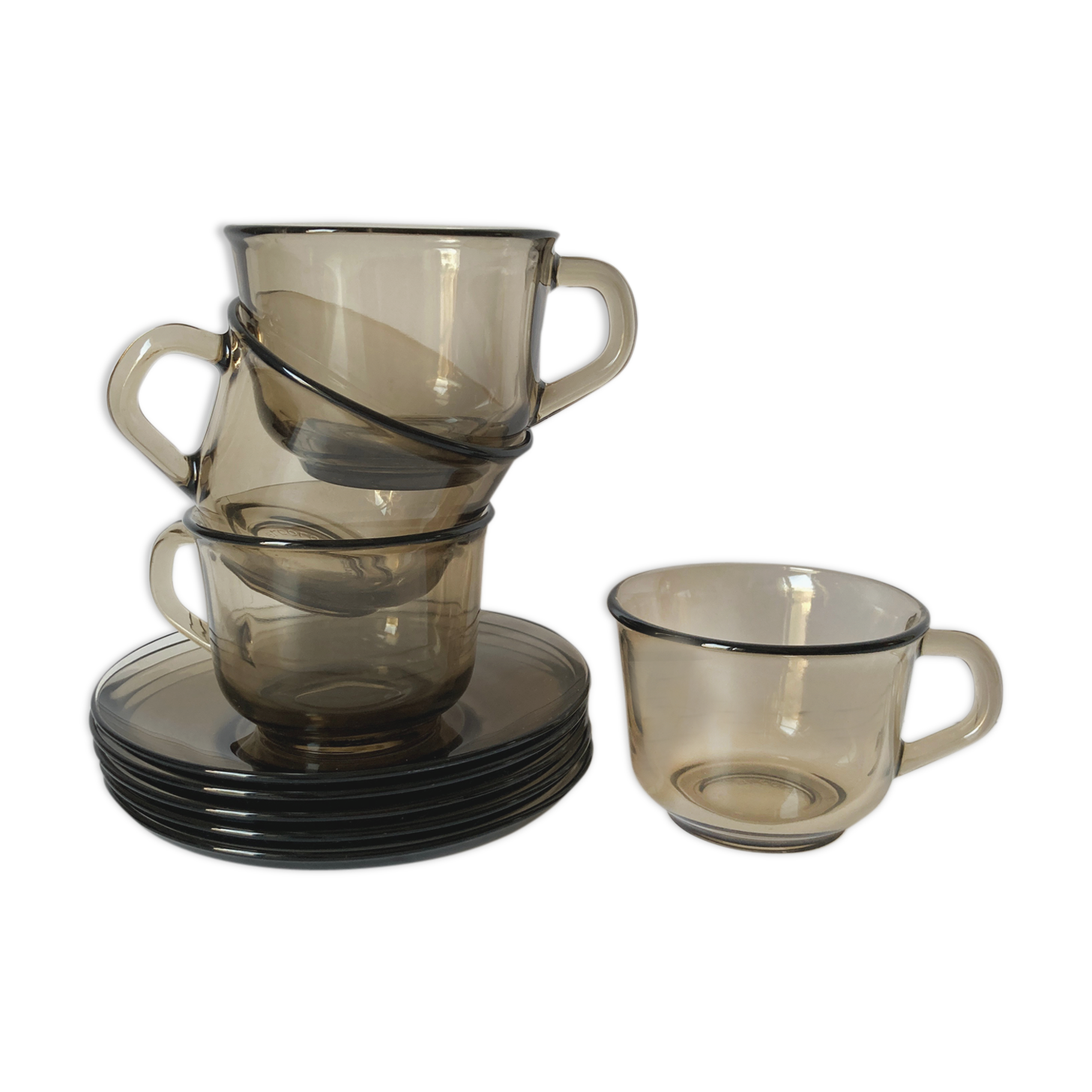 4 Arcoroc coffee cups and saucers in black transparent glass