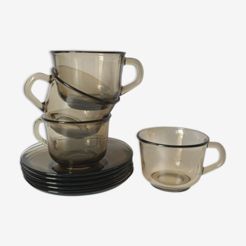 4 Arcoroc coffee cups and saucers in black transparent glass