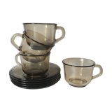 4 Arcoroc coffee cups and saucers in black transparent glass