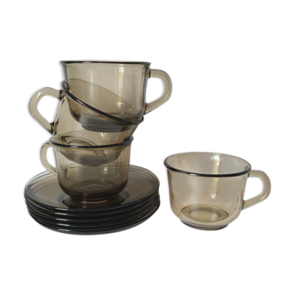 4 tasses à café et soucoupes Arcoroc en verre transparent noir