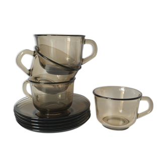 4 Arcoroc coffee cups and saucers in black transparent glass