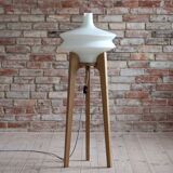 Space Age Floor Lamp, White Glass Lampshade, Wooden Tripod Base, 1960s