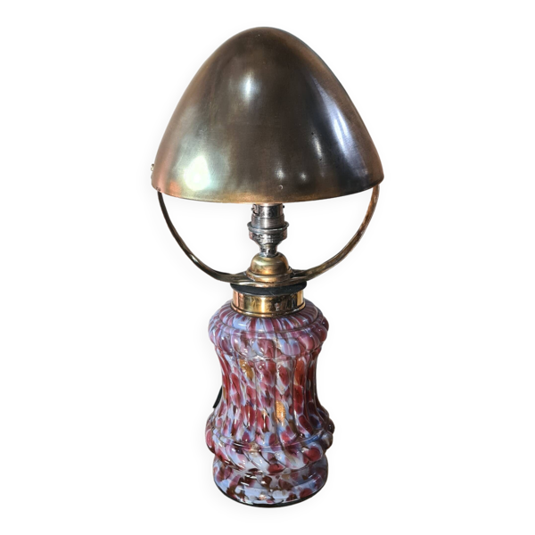 lampe champignon 1910 superbe pied en verre multicolores ,abat jour laiton orientable ,39x19