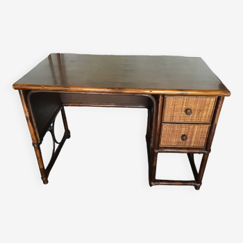 Bureau et sa chaise des années 60 en rotin et osier tressé