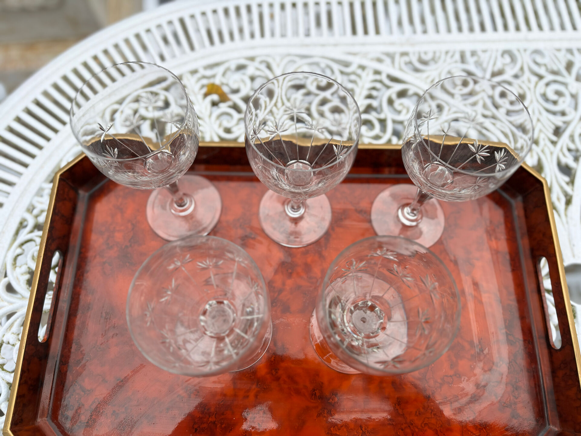 Set of five cut crystal wine glasses