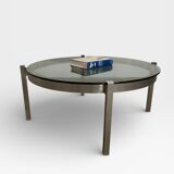 Vintage round coffee table with smoked glass and chrome.