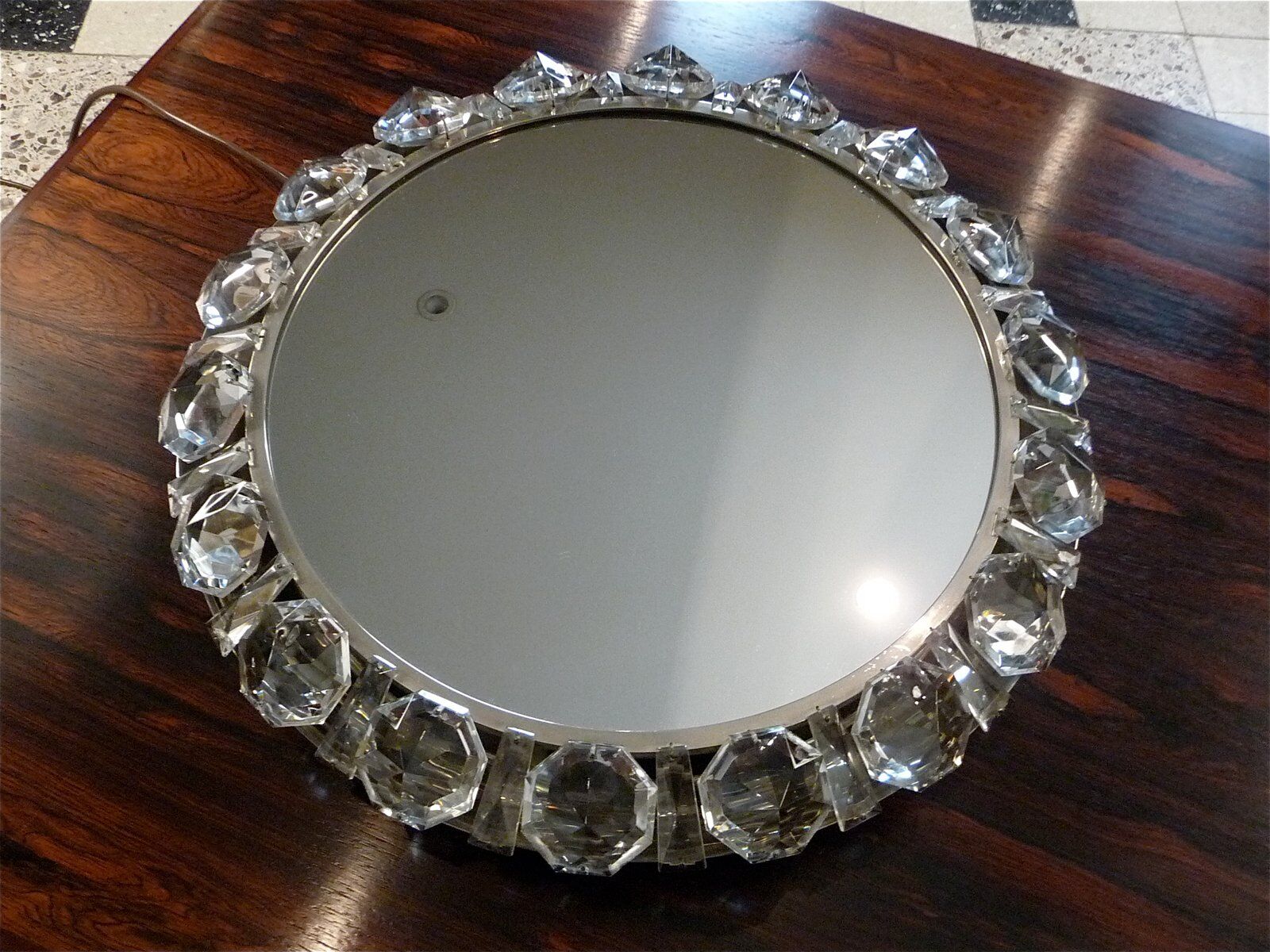 Illuminated round crystal glass mirror from Palwa, West-Germany 1950s