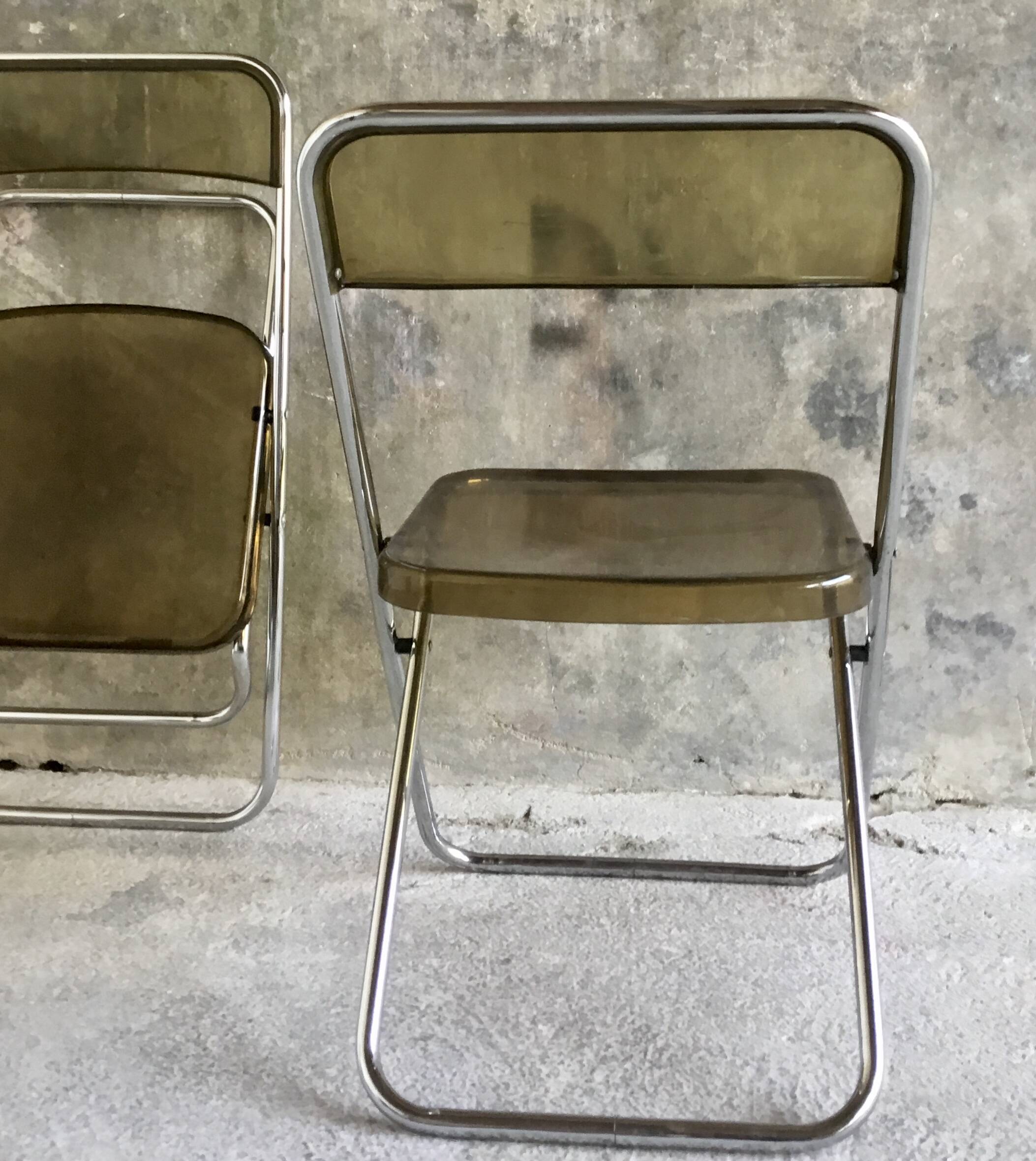 Pair of folding plexiglass and chrome metal chairs - space-age design 1970