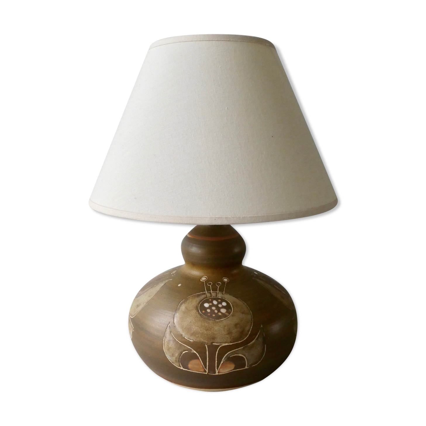 Ceramic lamp from the 60s, decoration flowers, Scandinavian, signed