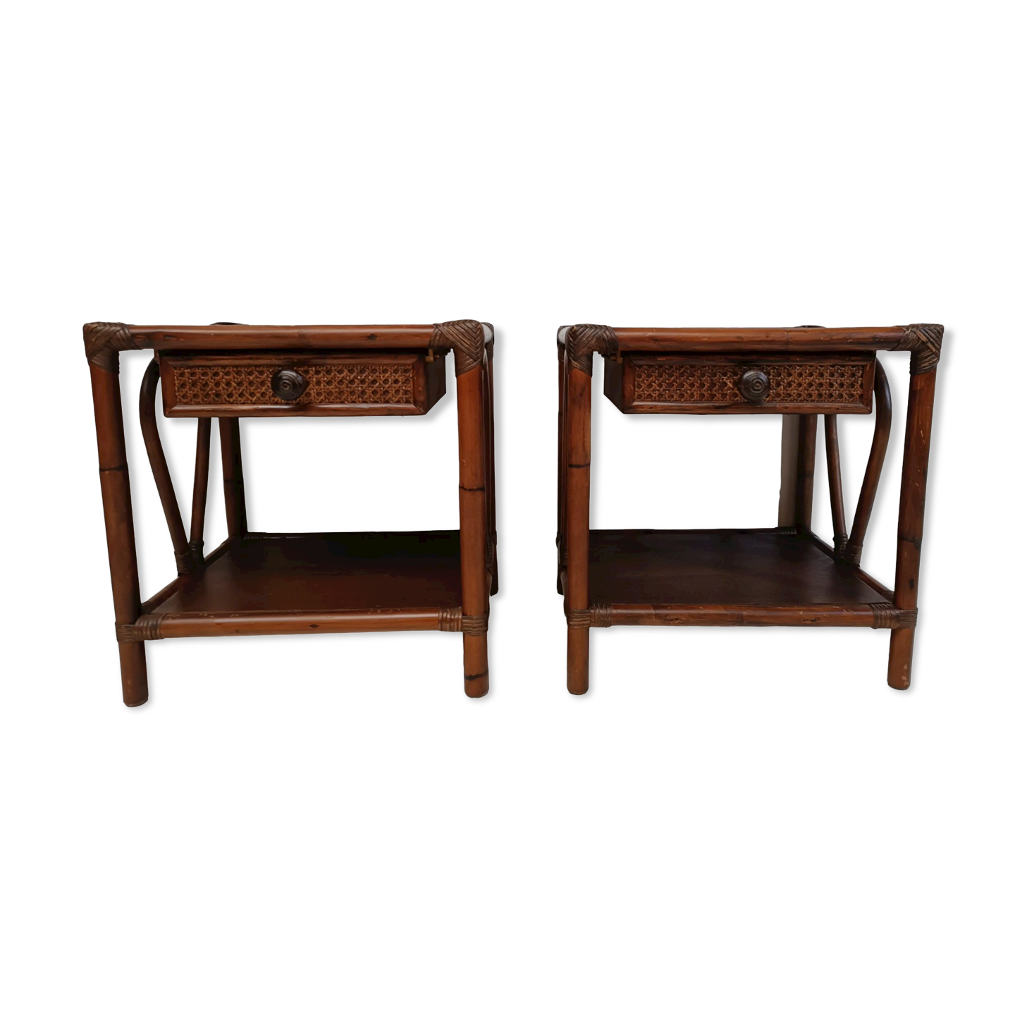 Pair of wooden bedside tables, bamboo and canning