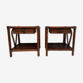 Pair of wooden bedside tables, bamboo and canning