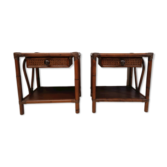 Pair of wooden bedside tables, bamboo and canning