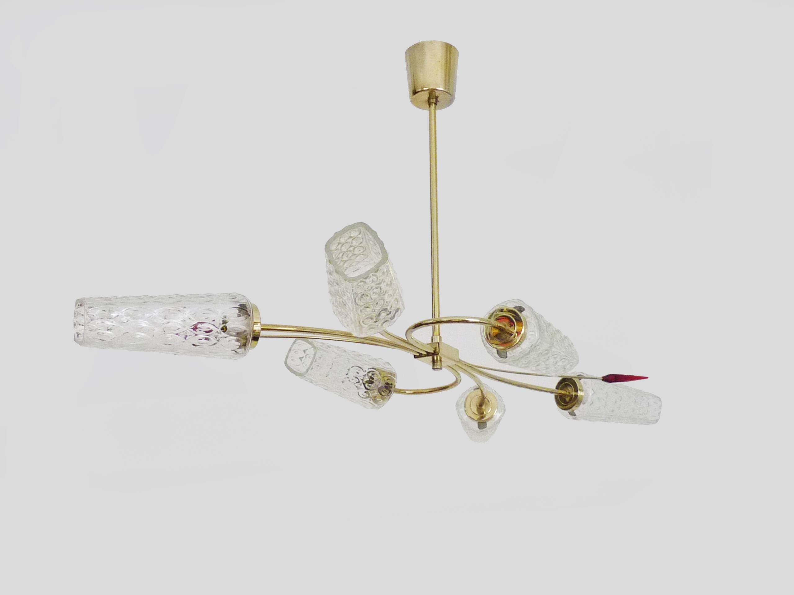 Antique chandelier with 6 branches, 2 red arrows, brass and diamond glass tubes. 70s