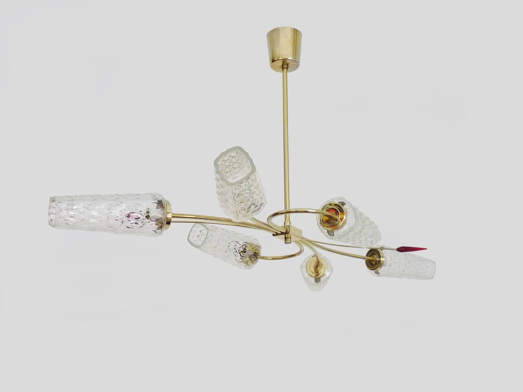 Antique chandelier with 6 branches, 2 red arrows, brass and diamond glass tubes. 70s