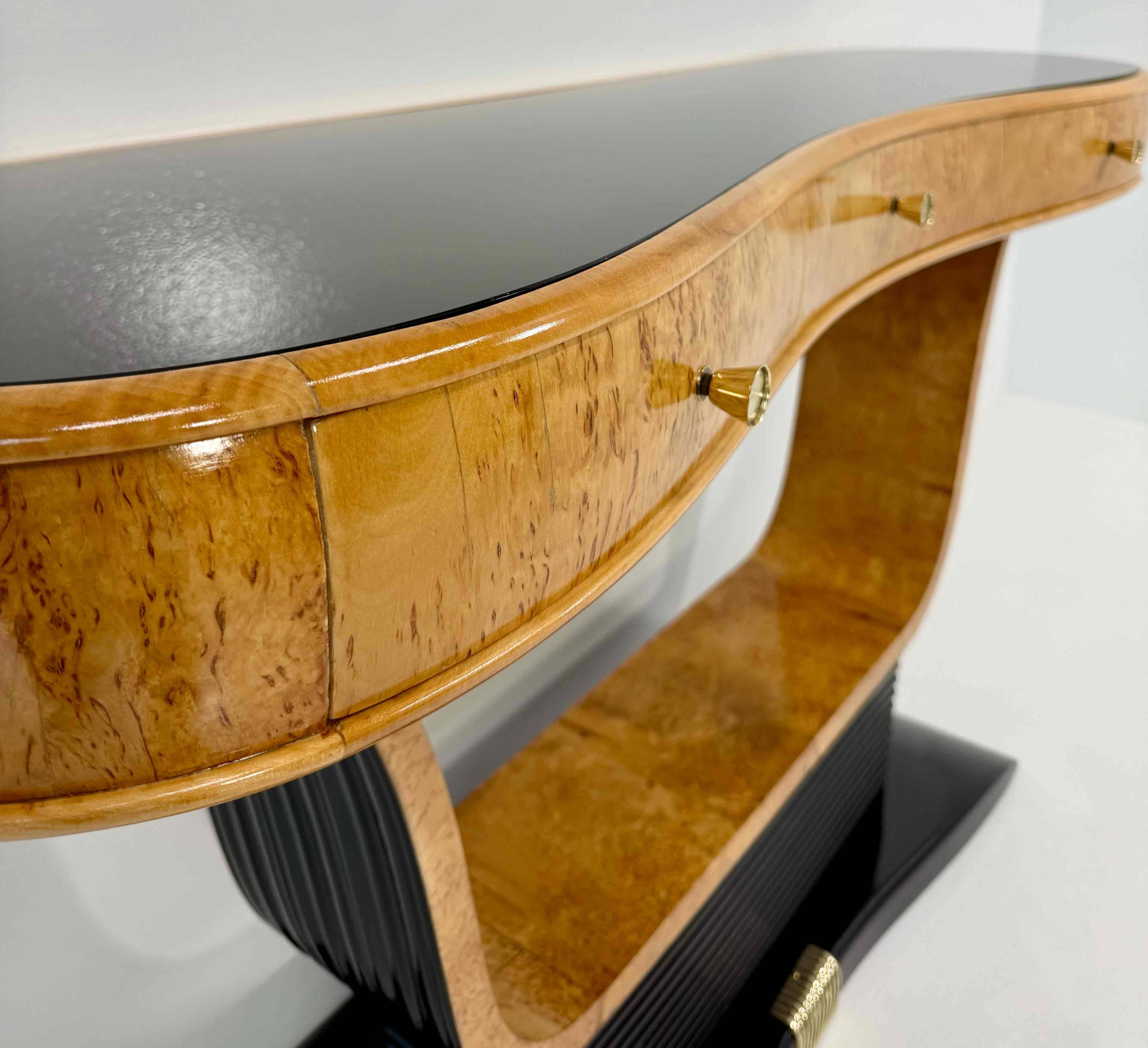 Italian Art Deco Console in Birch Burl and Black Lacquer, Attr. to Borsani, 40s