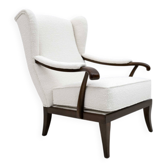 Fauteuil Paolo Buffa style moderne du milieu du siècle, en noyer italien et revêtement bouclé