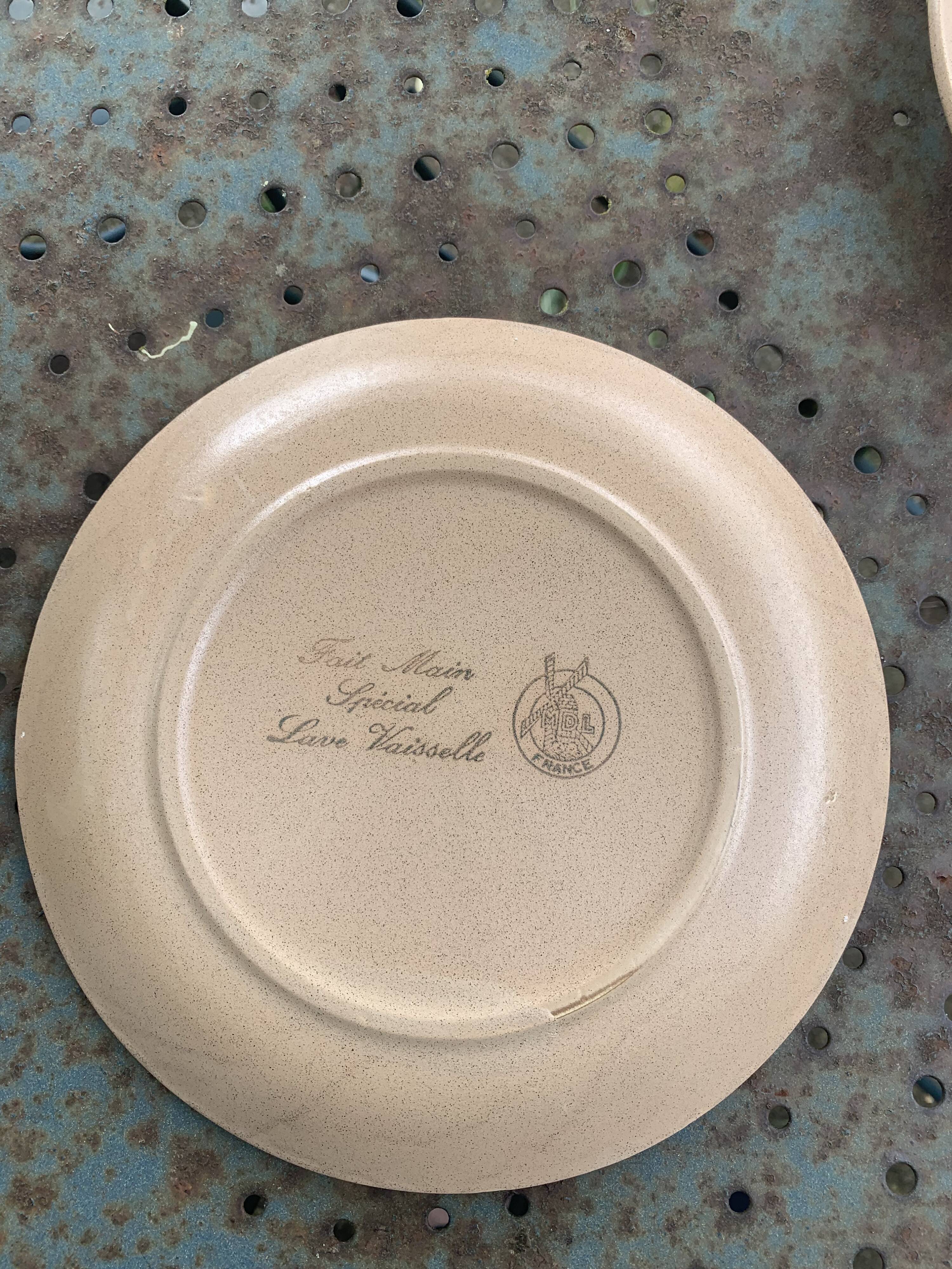 5 small stoneware dessert plates, handmade, moulin des loups, flower pattern, made in france