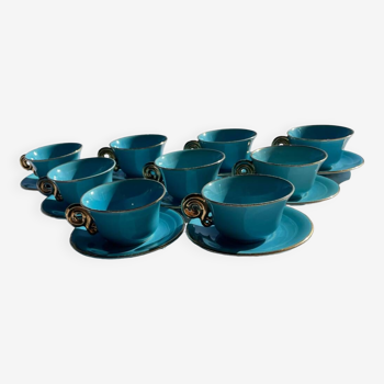 Set of 9 turquoise and gold cups and saucers