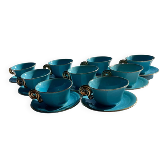 Set of 9 turquoise and gold cups and saucers