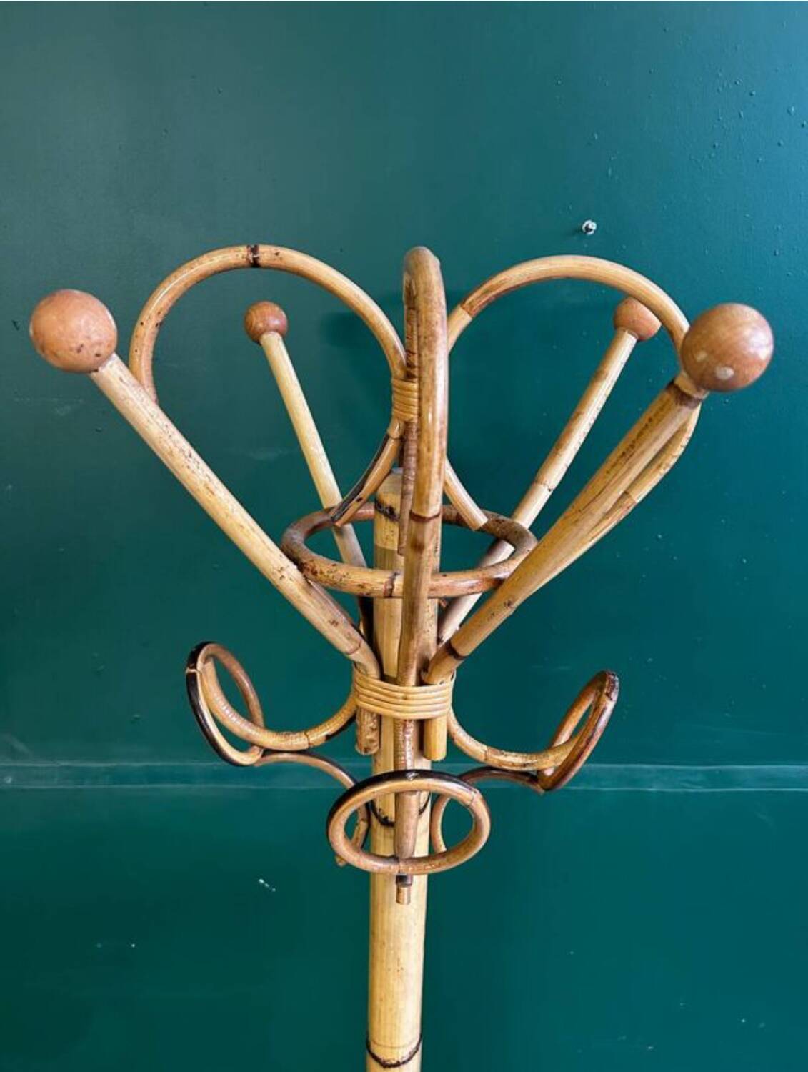 Curved rattan coat rack, 1950s-1970s