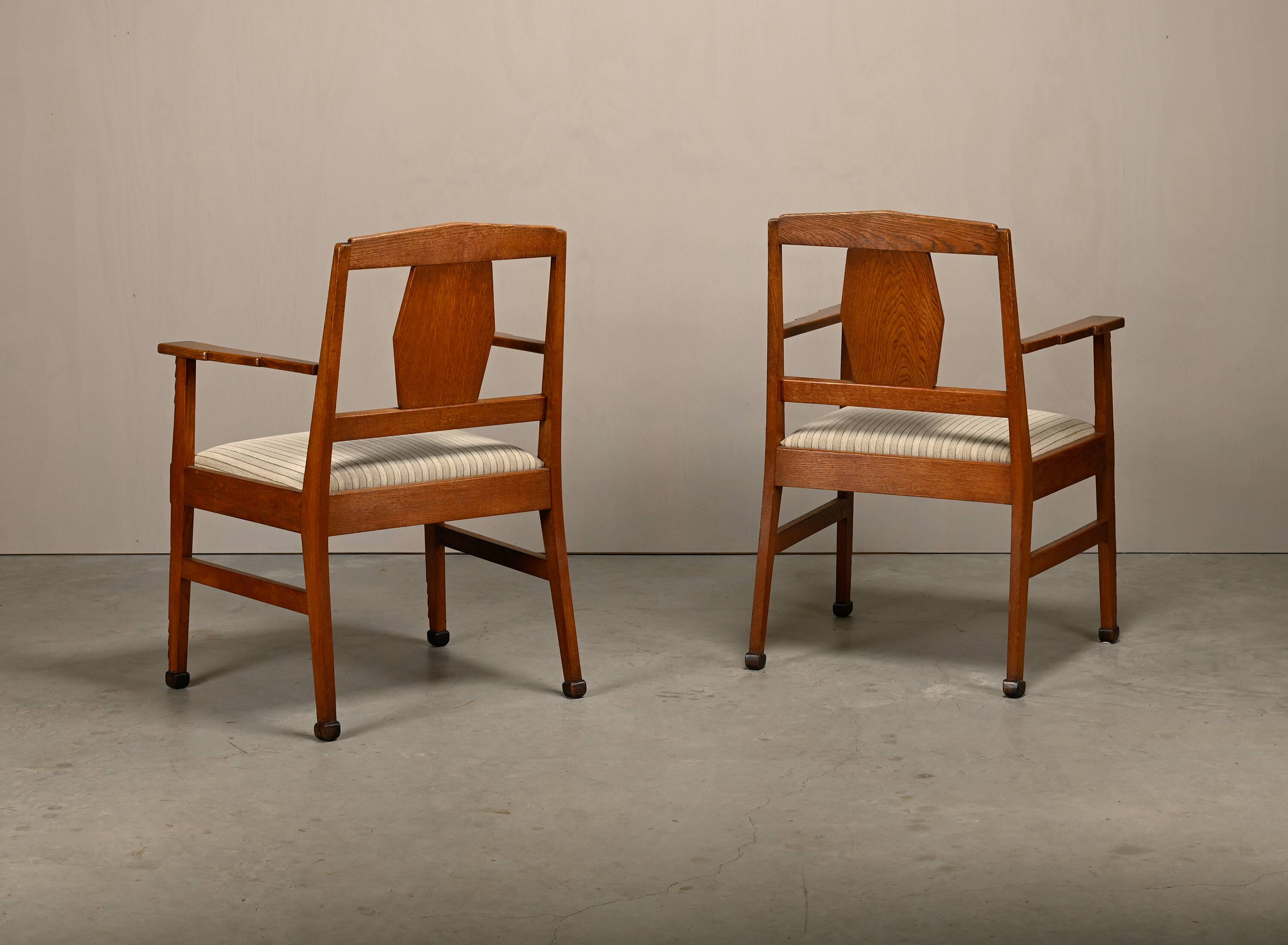 Dutch Art Deco Amsterdam School Armchairs in solid Oak and striped fabric
