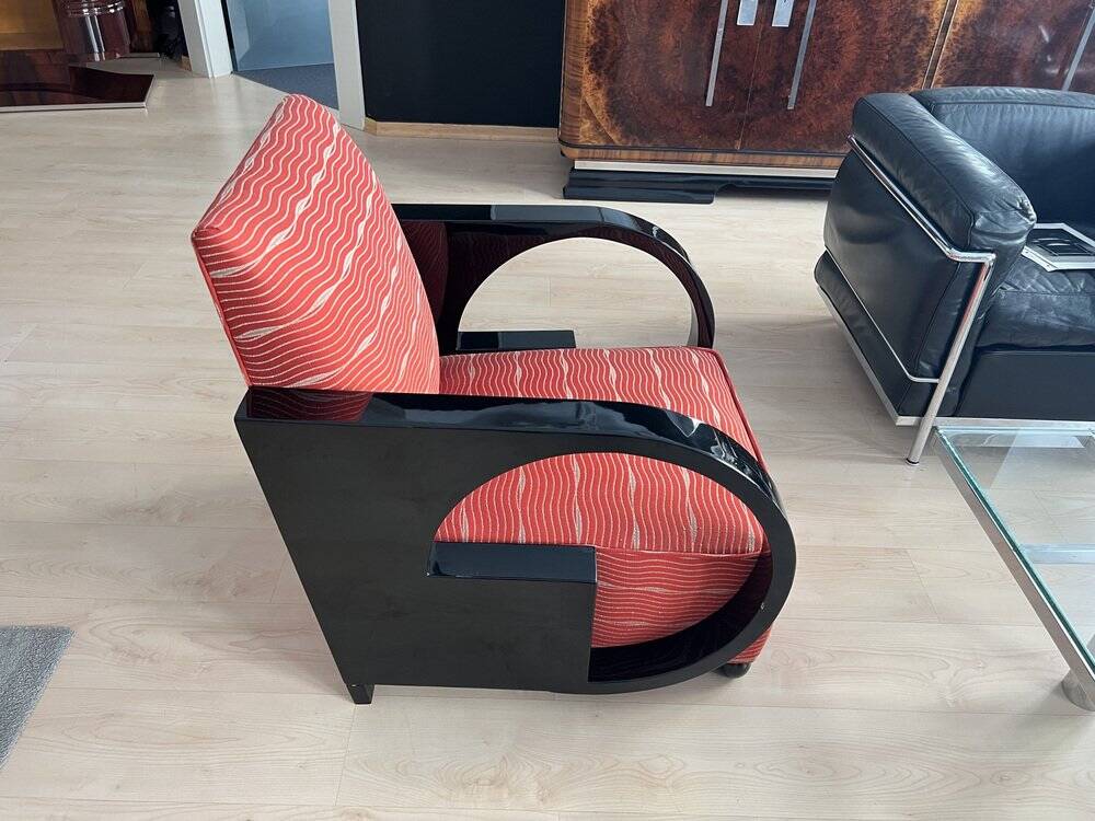 Art Deco Club Chair, Black Lacquer and Red Fabric, France circa 1930