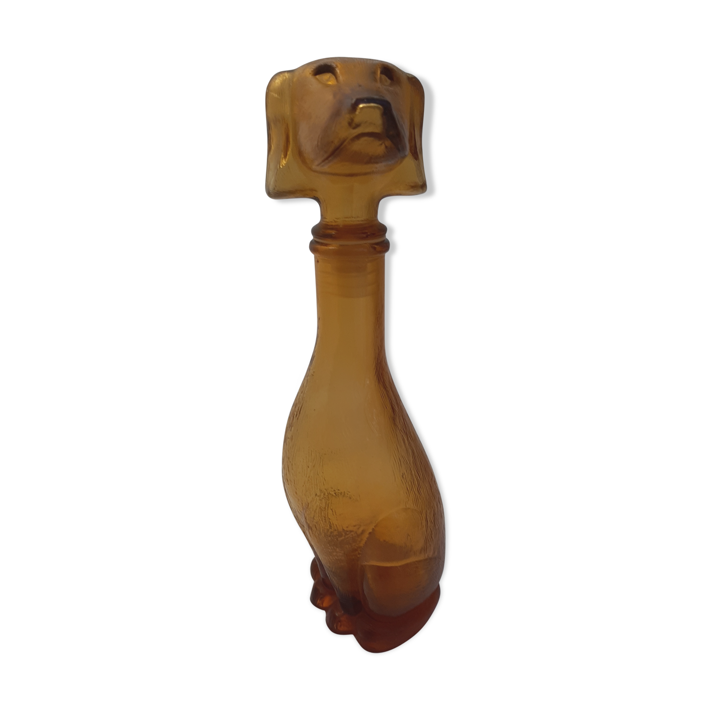 Amber glass bottle representing a dog, Empoli Italy 60s
