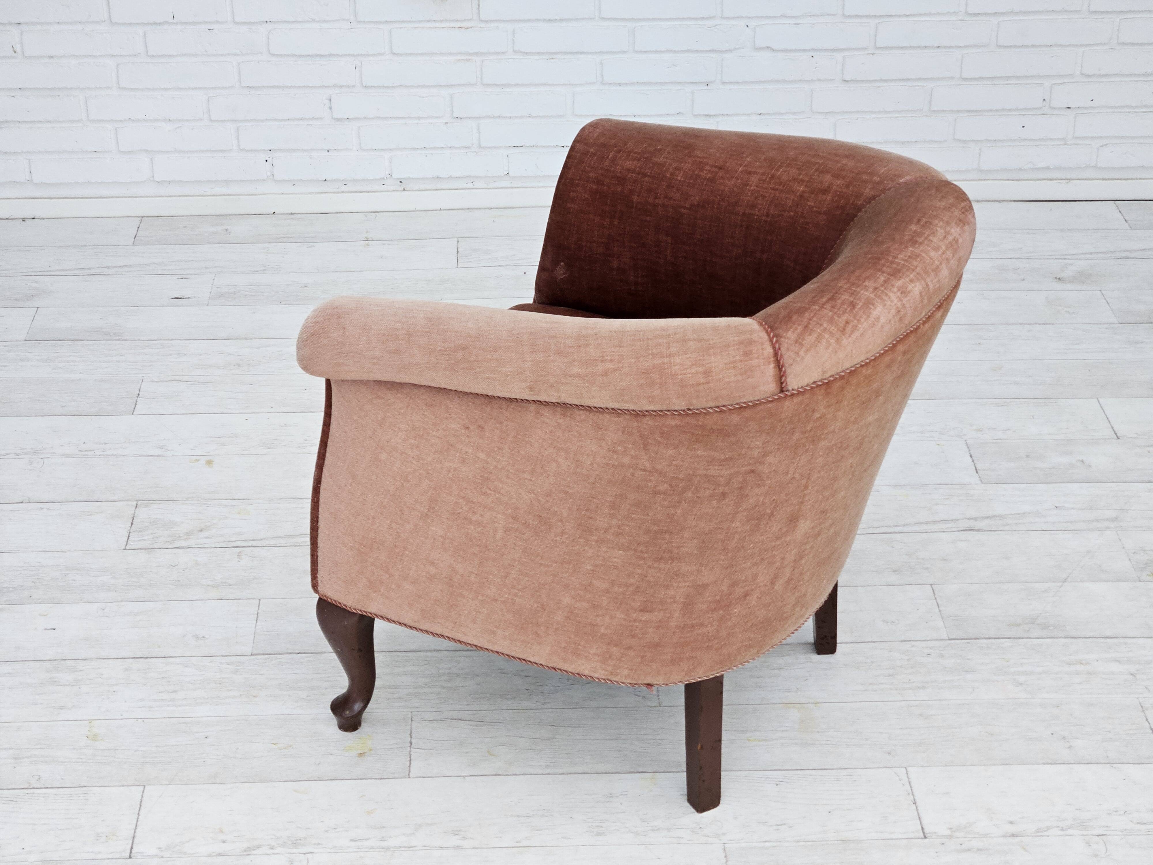 1960s, Danish lounge chair, salmon pink furniture velour, ash wood legs.