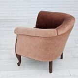 1960s, Danish lounge chair, salmon pink furniture velour, ash wood legs.