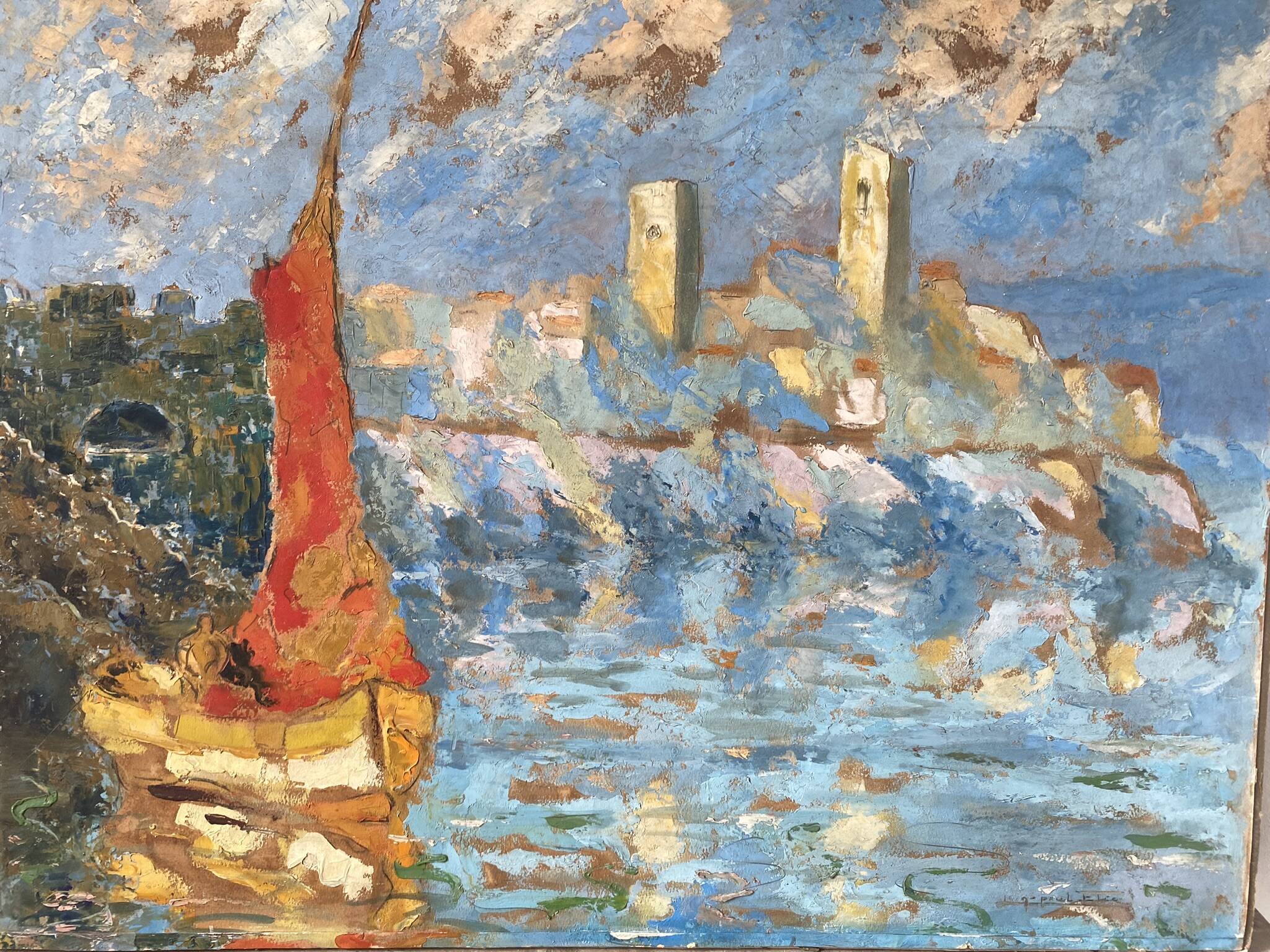 Signed sailboat landscape