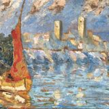Signed sailboat landscape