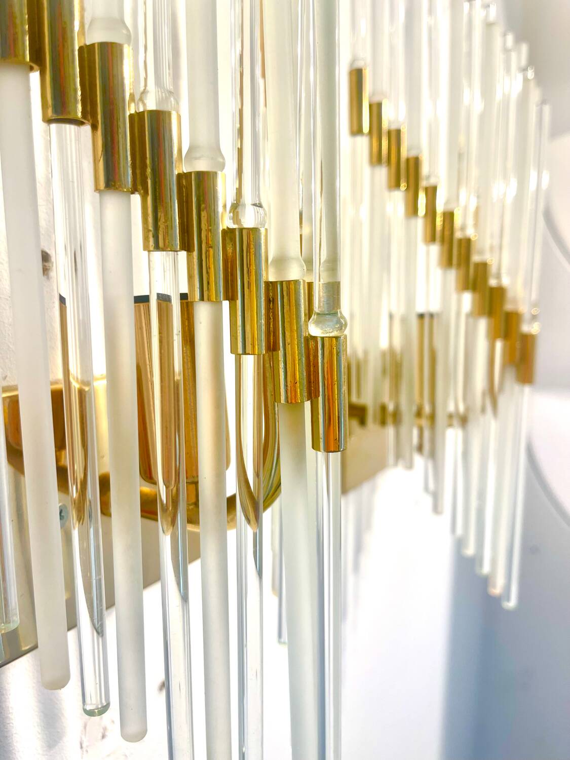 Pair of Murano glass wall lamps with gilded structure, Sciolari, Italy 1970