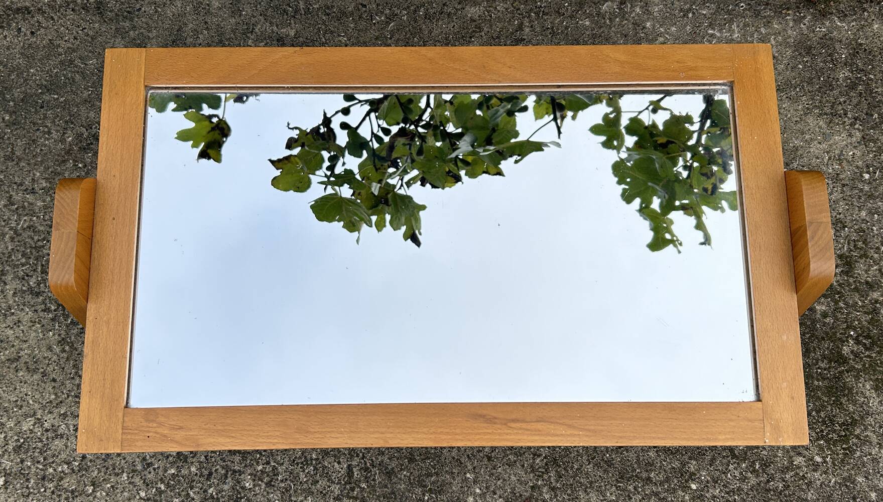 Small coffee table, wood, compass legs and mirror, vintage, 1960s