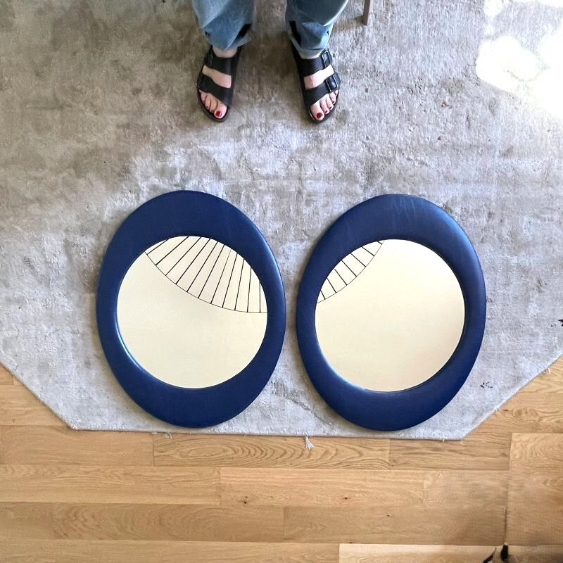 Oval wall mirror 1970s blue faux leather